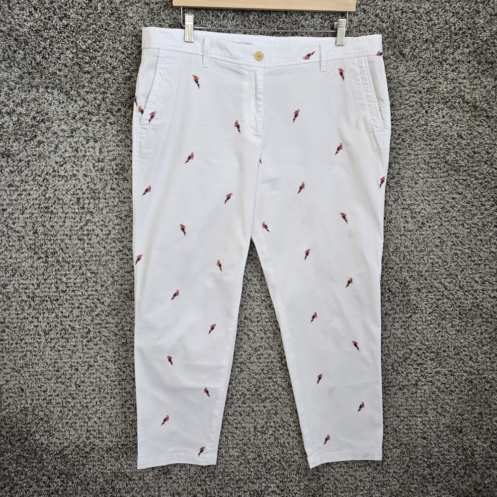 Talbots Pants Womens 14P Petite Relaxed Chino White Embroidered Parrot Casual
